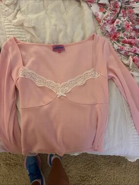Edikted Pink Ribbed Lace-Trim Long Sleeve Top
